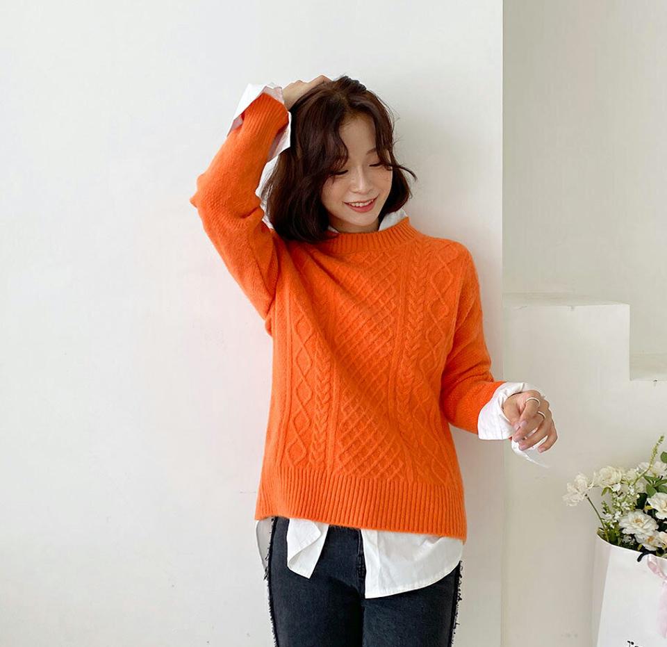 ツイストニット・全4色・b64986 レディース 【tops】韓国ファッション トップス ニット 年上 大人 長袖 ラウンドネック ツイストニット ベーシック シンプル カジュアル ルーズ ガーリー 細身 フェミニン 上品 秋 春
