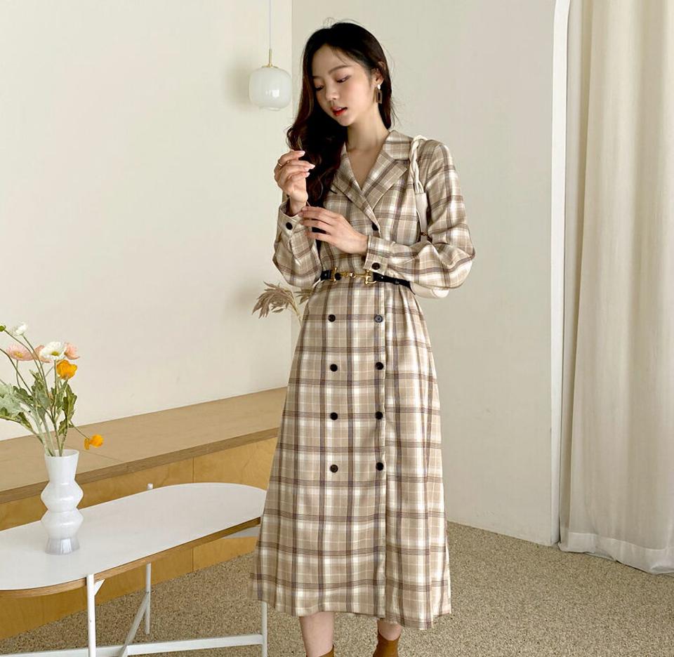 ダブルボタンチェックワンピース・全2色・t64998 レディース 【ops】韓国ファッション ワンピース ロング ロングワンピース 長袖 カラーネック 大人 ダブルボタン チェック ロング丈 スリット スリム シンプル フェミニン 体型カバー 秋 春