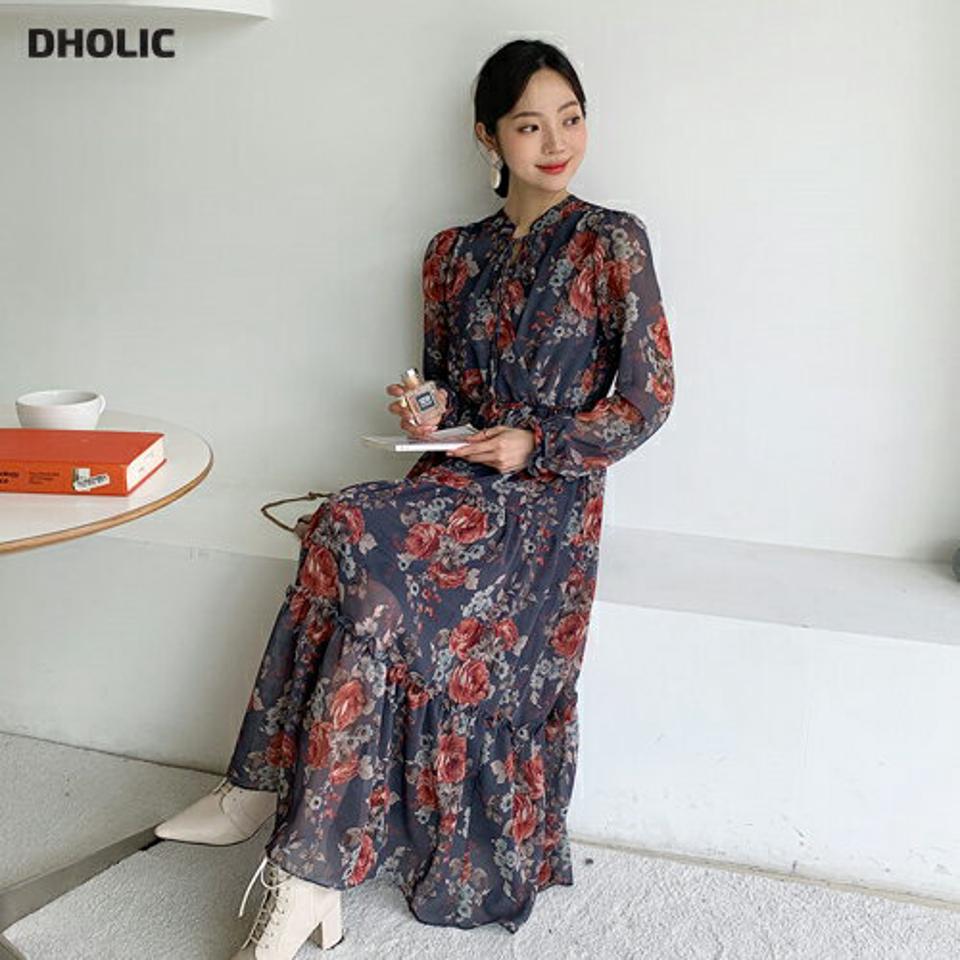 ネックリボンシフォン花柄ワンピース・全4色・b64999 レディース 【ops】韓国ファッション ワンピース ロングワンピース 長袖 大人 花柄 フラワー シフォン リボン フレア ロング丈 スリット スリム シンプル フェミニン 体型カバー 秋 春
