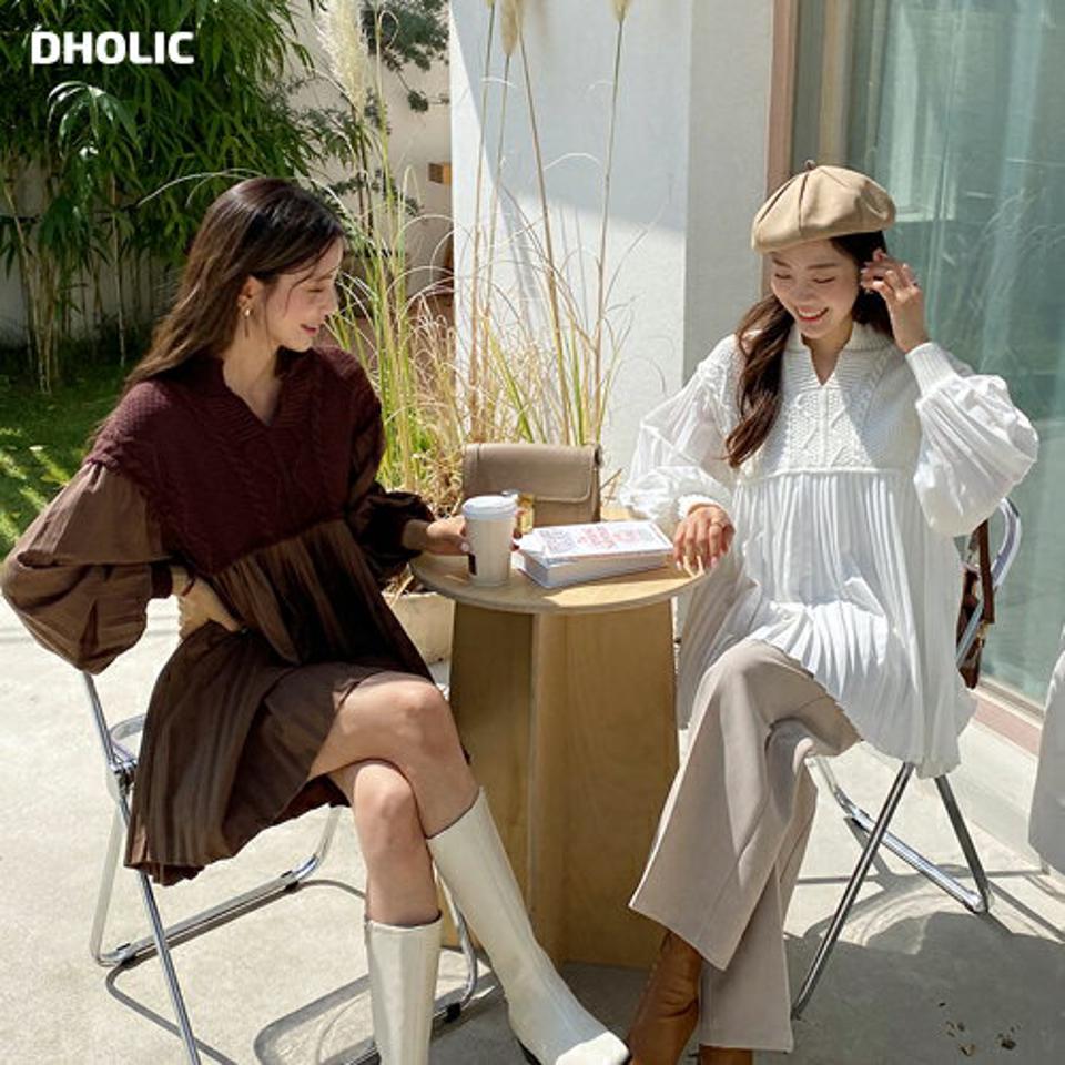 【大感謝祭特価】プリーツレイヤードニットブラウス・全2色・b64901 レディース 【tops】韓国ファッション 異素材 トップス プルオーバー ブラウス 長袖 スリット 体型カバー プリーツ チュニック ガーリー ボリューム袖 インしない ゆったり フェミニン 上品 秋 春 セール