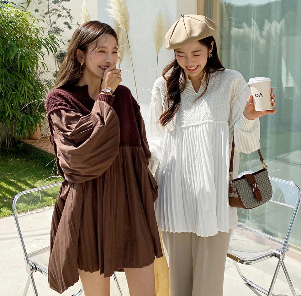 【大感謝祭特価】プリーツレイヤードニットブラウス・全2色・b64901 レディース 【tops】韓国ファッション 異素材 トップス プルオーバー ブラウス 長袖 スリット 体型カバー プリーツ チュニック ガーリー ボリューム袖 インしない ゆったり フェミニン 上品 秋 春 セール