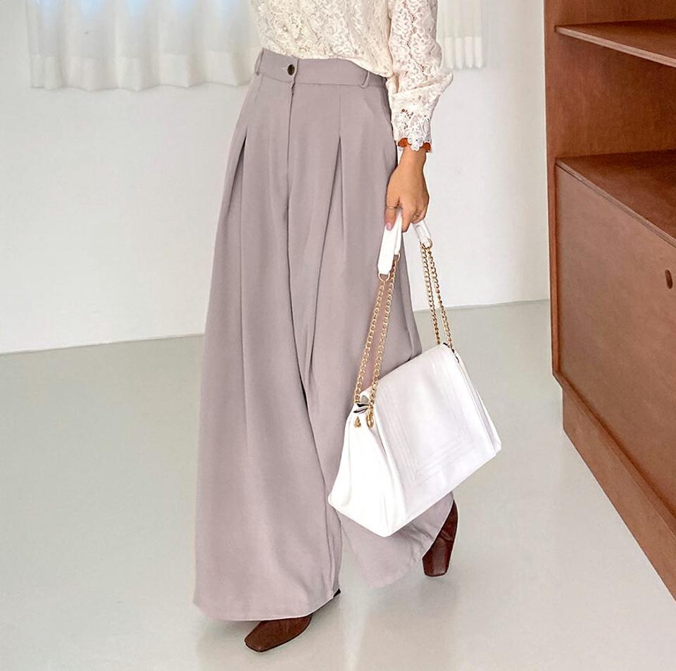 タックワイドスラックス・全4色・t65977 レディース 【pt】韓国ファッション ボトムス ロング ロングパンツ スラックスパンツ スラックス タック ワイド 無地 体型カバー カジュアル デイリー 足長 美脚 フェミニン 秋 春