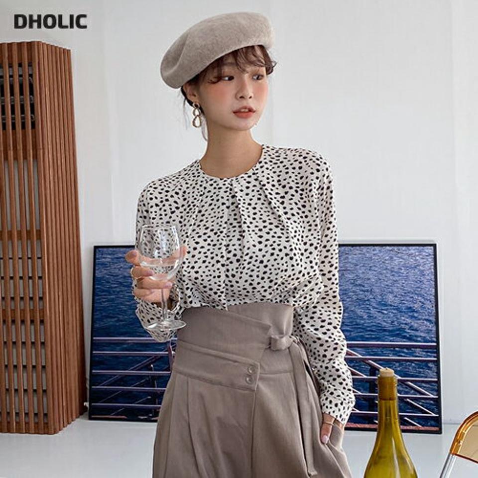 パターンブラウス・全3色・b65968 レディース 【bl】韓国ファッション トップス ブラウス 長袖 ラウンドネック 大人 レオパード アニマル風 上品 シンプル ボタン フェミニン カジュアル 体型カバー ガーリー 秋 春