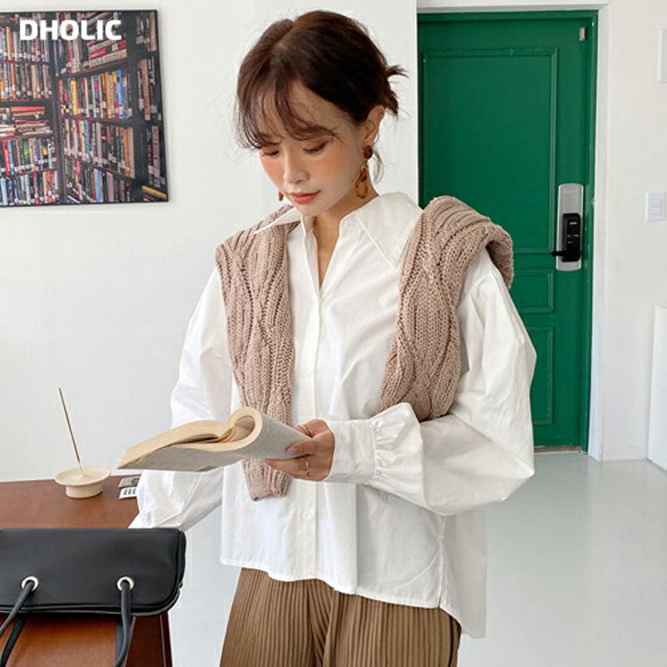 パフスリーブカラーブラウス・全5色・t65970 レディース 【bl】韓国ファッション トップス ブラウス 長袖 カラーネック 大人 パフスリーブ 無地 上品 ボタン シンプル ボタン フェミニン カジュアル 体型カバー ガーリー 秋 春