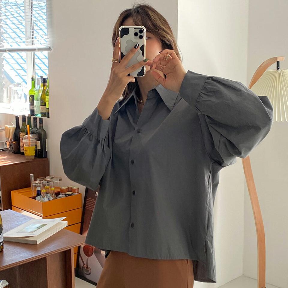 パフスリーブカラーブラウス・全5色・t65970 レディース 【bl】韓国ファッション トップス ブラウス 長袖 カラーネック 大人 パフスリーブ 無地 上品 ボタン シンプル ボタン フェミニン カジュアル 体型カバー ガーリー 秋 春