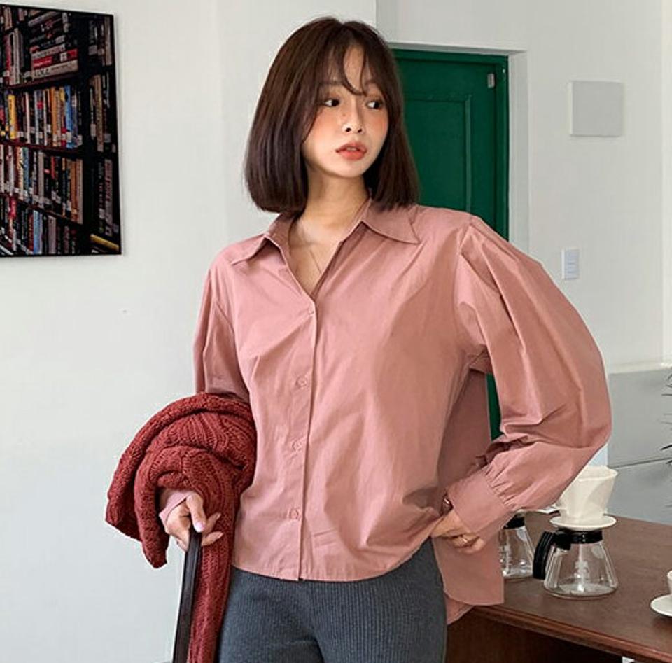 パフスリーブカラーブラウス・全5色・t65970 レディース 【bl】韓国ファッション トップス ブラウス 長袖 カラーネック 大人 パフスリーブ 無地 上品 ボタン シンプル ボタン フェミニン カジュアル 体型カバー ガーリー 秋 春