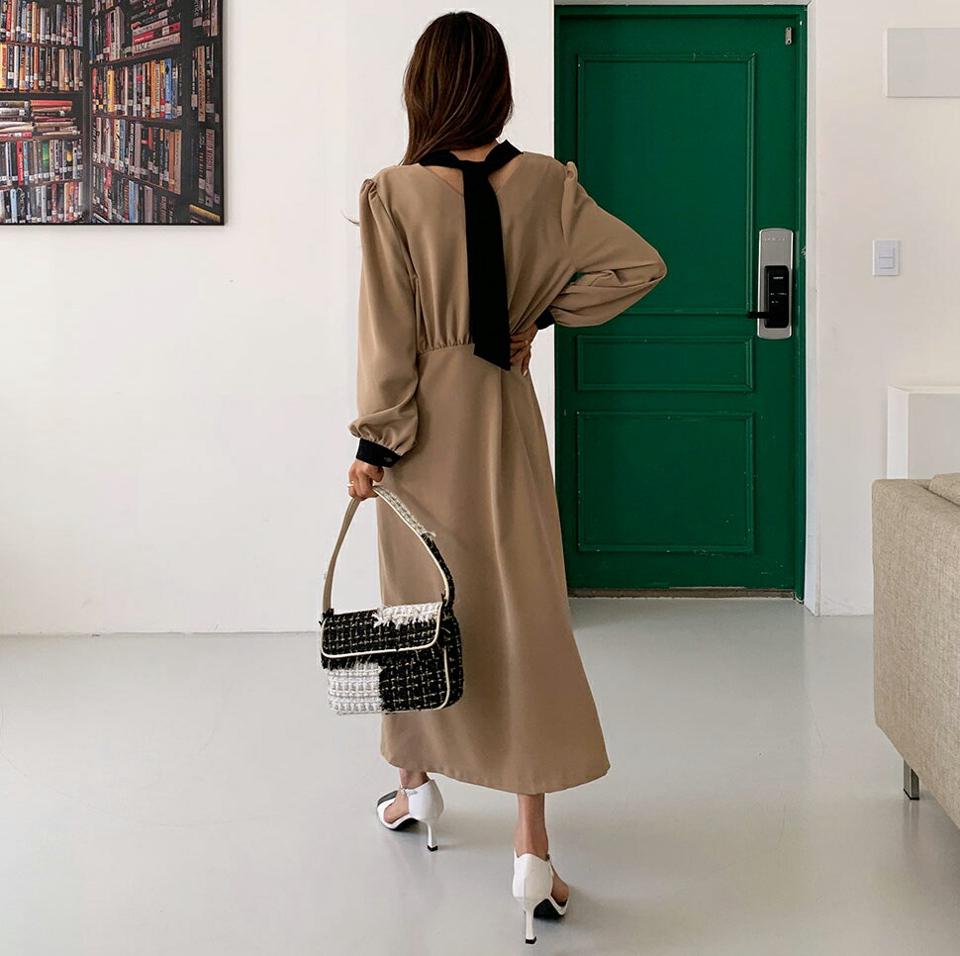 配色リボンロングワンピース・全2色・b65963 レディース 【ops】韓国 ファッション ワンピース ロング ロングワンピース 長袖 大人 Vネック 配色 リボン コントラスト ロング丈 Aライン スリット スリム シンプル フェミニン 体型カバー 秋 春