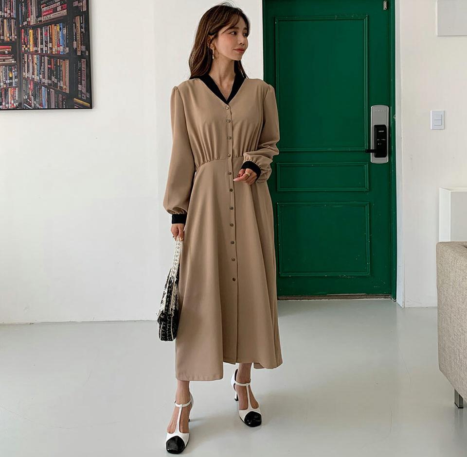 配色リボンロングワンピース・全2色・b65963 レディース 【ops】韓国 ファッション ワンピース ロング ロングワンピース 長袖 大人 Vネック 配色 リボン コントラスト ロング丈 Aライン スリット スリム シンプル フェミニン 体型カバー 秋 春