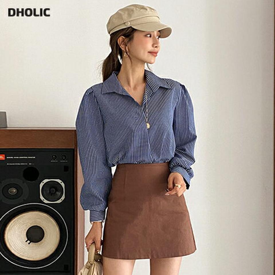 ストライプカラーブラウス・全3色・t65971 レディース 【bl】韓国ファッション トップス ブラウス 長袖 カラーネック 大人 ストライプパターン 上品 ボタン ボクシー シンプル ボタン フェミニン カジュアル 体型カバー ガーリー 秋 春