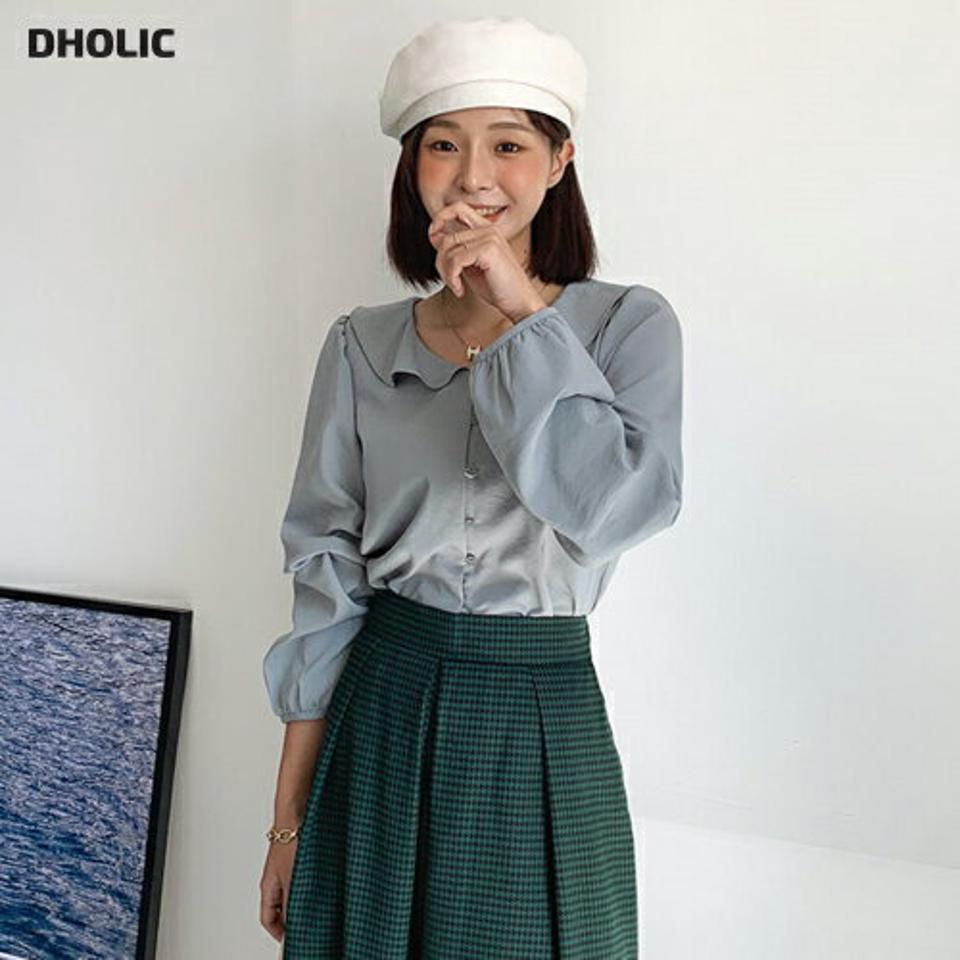 ウェーブカラーネックブラウス・全5色・t65967 レディース 【bl】韓国ファッション トップス ブラウス 長袖 ウェーブカラー 大人 無地 ベーシック 上品 ボタン ギャザー シンプル ボタン フェミニン カジュアル 体型カバー ガーリー 秋 春