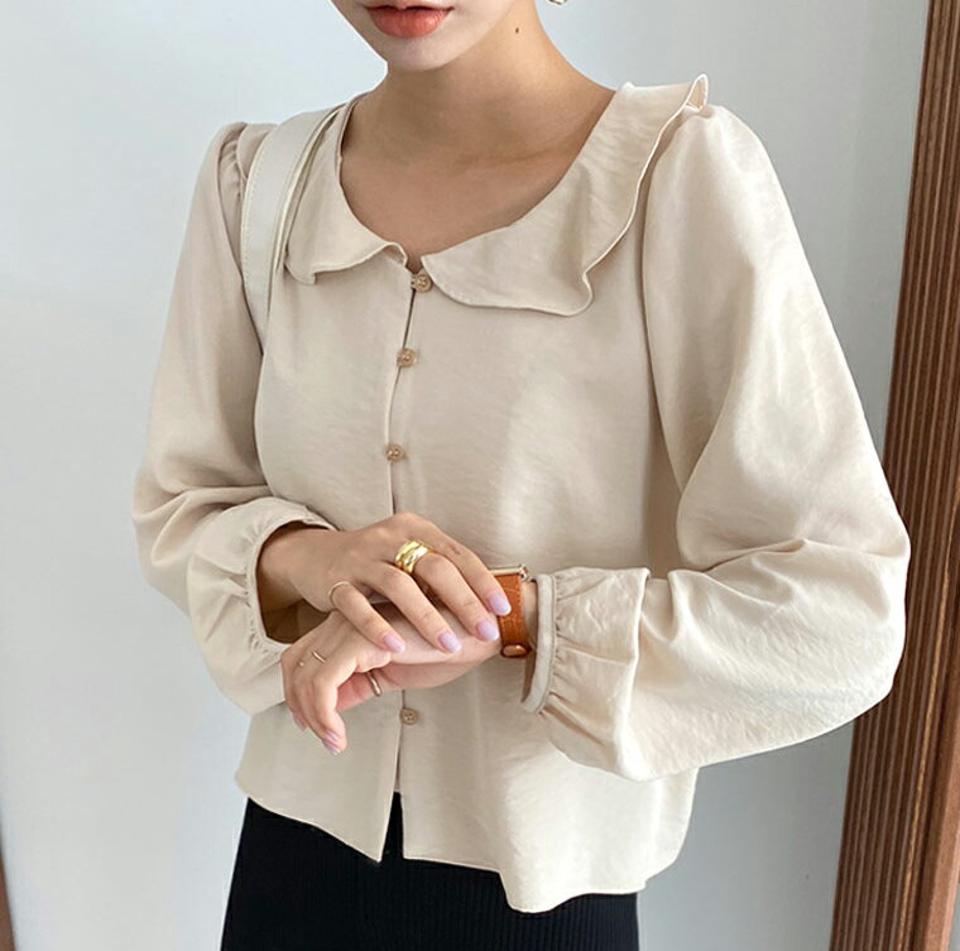 ウェーブカラーネックブラウス・全5色・t65967 レディース 【bl】韓国ファッション トップス ブラウス 長袖 ウェーブカラー 大人 無地 ベーシック 上品 ボタン ギャザー シンプル ボタン フェミニン カジュアル 体型カバー ガーリー 秋 春