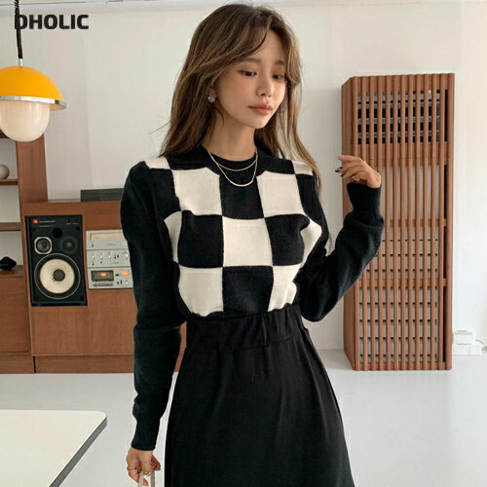 即日配送 チェッククロップドニット・全3色・b65969 レディース 【tops】韓国ファッション トップス ニット 大人 長袖 ラウンドネック チェック クロップド丈 柄ニット シンプル カジュアル ブロックチェック 柄 ルーズ ガーリー 体型カバー フェミニン 上品 秋 冬