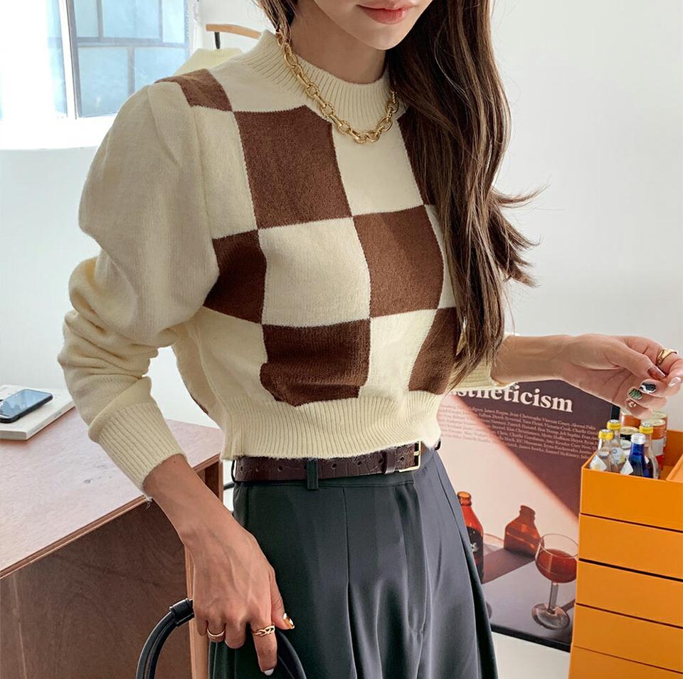 即日配送 チェッククロップドニット・全3色・b65969 レディース 【tops】韓国ファッション トップス ニット 大人 長袖 ラウンドネック チェック クロップド丈 柄ニット シンプル カジュアル ブロックチェック 柄 ルーズ ガーリー 体型カバー フェミニン 上品 秋 冬