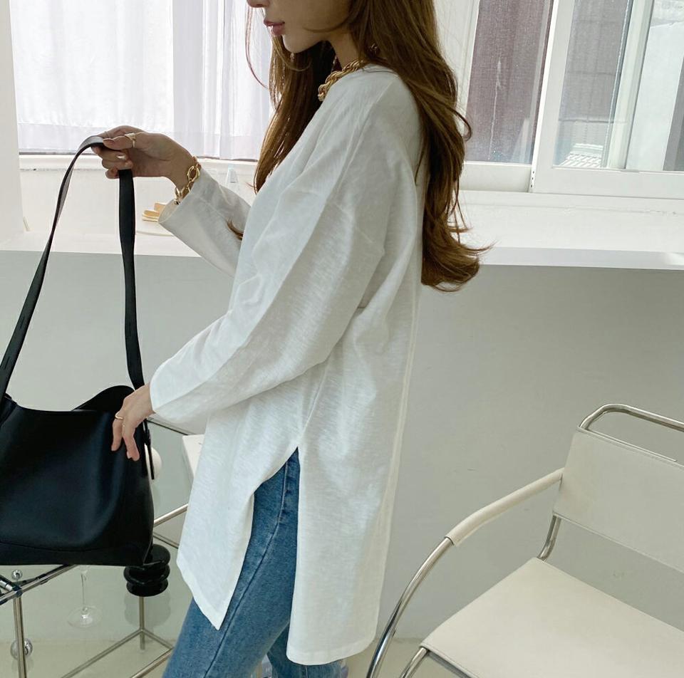 サイドスリットレイヤードTシャツ・全4色・b70272 レディース 【tops】 トップス Tシャツ 長袖 ベーシック ラウンドネック ルーズ ゆったり スリム ベーシック デイリー 体型カバー 細身 フェミニン 春 秋 韓国ファッション ハイホリHIHOLLI