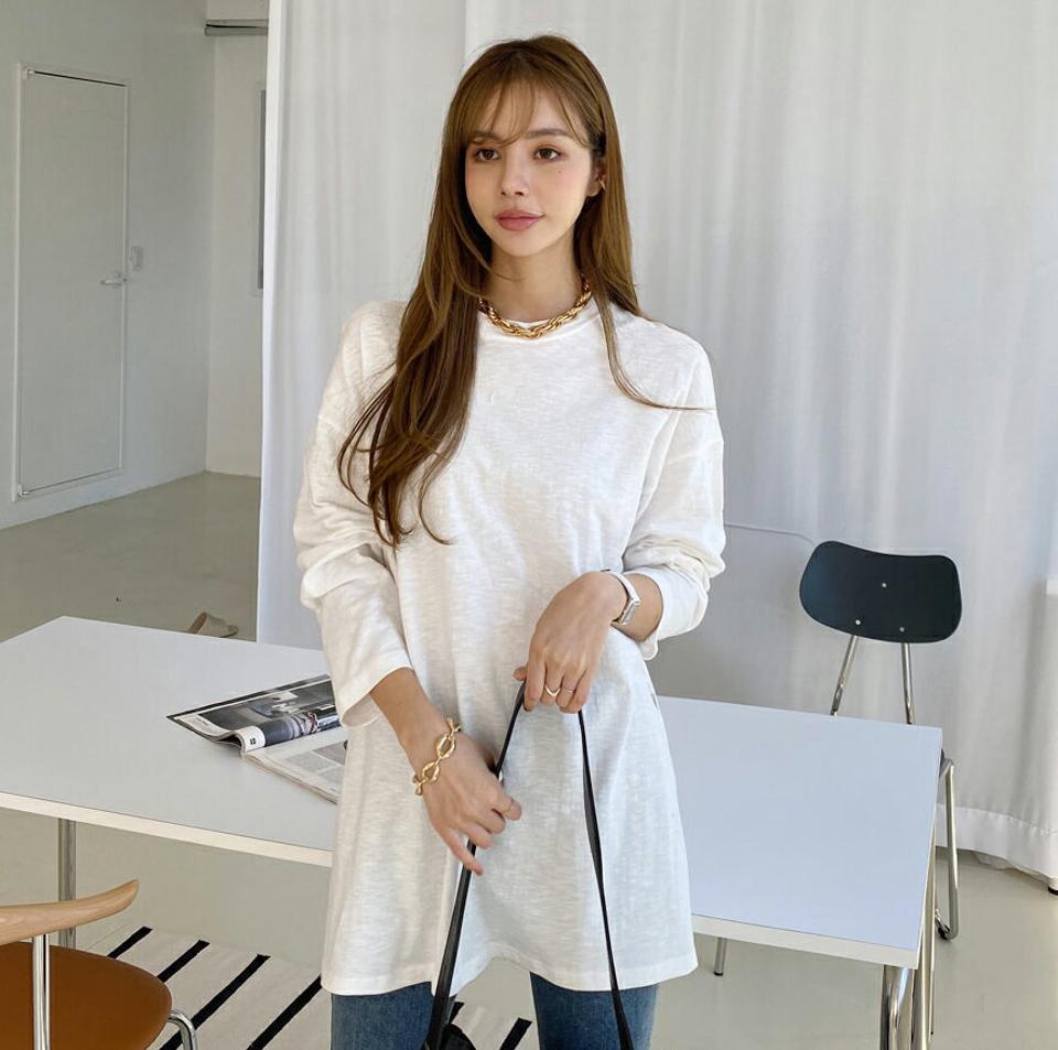 サイドスリットレイヤードTシャツ・全4色・b70272 レディース 【tops】 トップス Tシャツ 長袖 ベーシック ラウンドネック ルーズ ゆったり スリム ベーシック デイリー 体型カバー 細身 フェミニン 春 秋 韓国ファッション ハイホリHIHOLLI