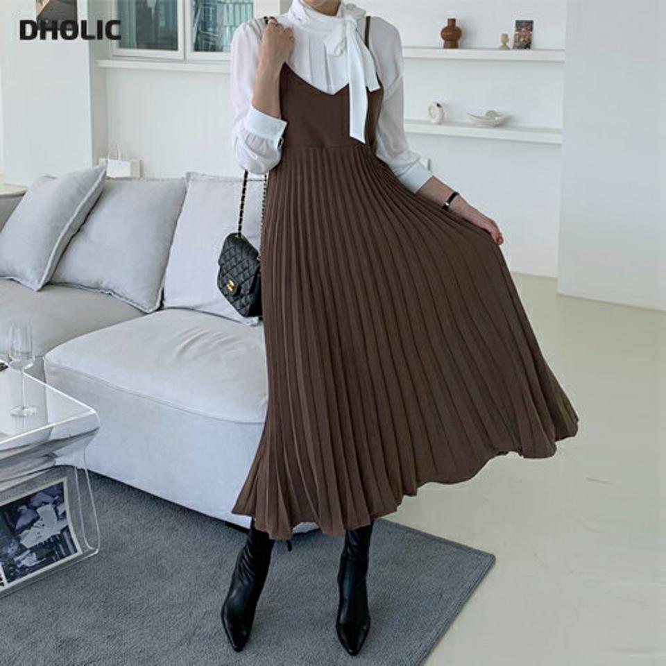即日配送 Vネックキャミプリーツワンピース・全3色・t70284 レディース 【ops】 ワンピース ロング ロングワンピース プリーツ Vネック キャミワンピース キャミ スリーブレス 体型カバー フェミニン ボリューム 春 秋 韓国ファッション ハイホリHIHOLLI
