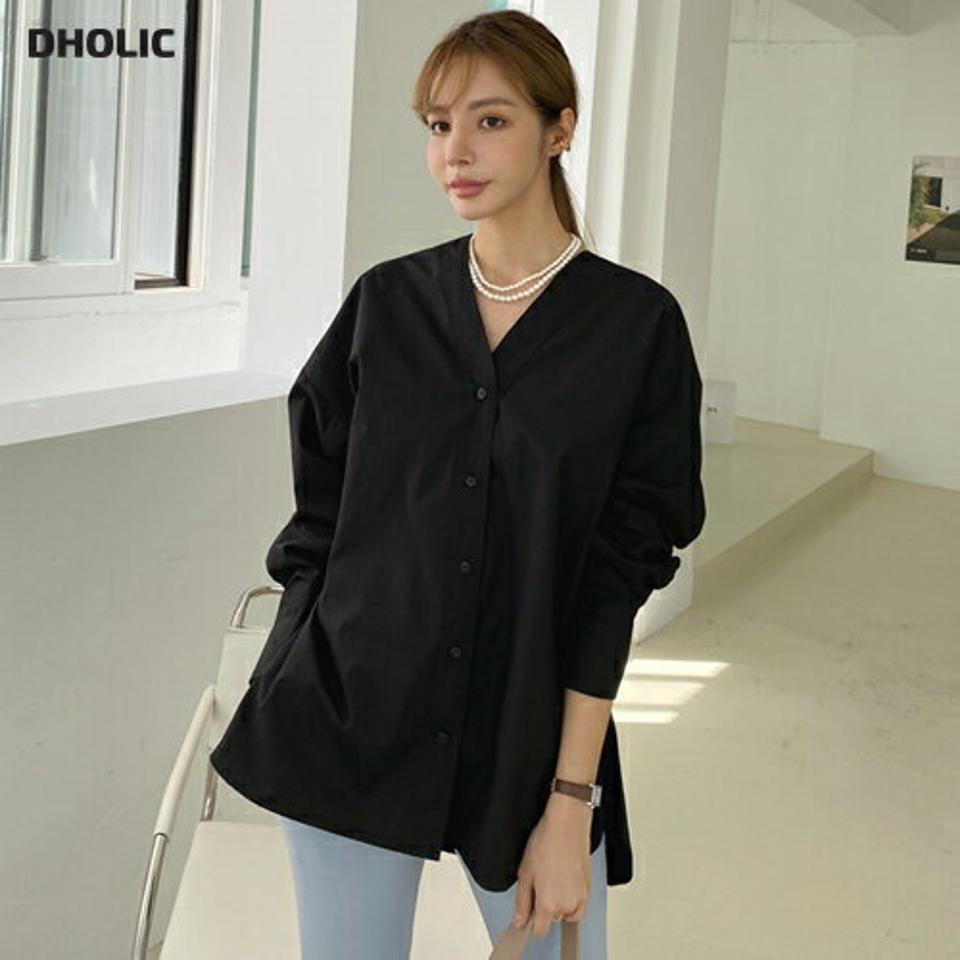 即日配送 Vネックコットンボタンブラウス・全3色・t70282 レディース 【bl】 トップス ブラウス 長袖 コットン Vネック V字 大人 ユニーク フェミニン 上品 春 秋 韓国ファッション ハイホリHIHOLLI