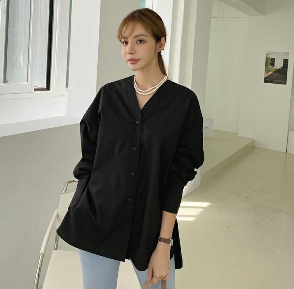 即日配送 Vネックコットンボタンブラウス・全3色・t70282 レディース 【bl】 トップス ブラウス 長袖 コットン Vネック V字 大人 ユニーク フェミニン 上品 春 秋 韓国ファッション ハイホリHIHOLLI