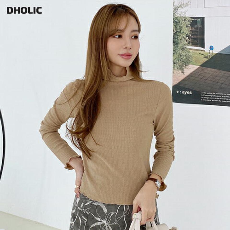 スカラップハイネックTシャツ・全4色・t70274 レディース 【tops】 トップス Tシャツ 長袖 スカラップ ハイネック リブ フィット スリム ベーシック デイリー 体型カバー 細身 フェミニン 春 秋 韓国ファッション ハイホリHIHOLLI