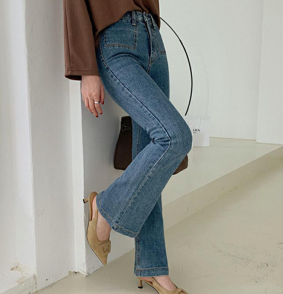 ポケットスリムフレアデニムパンツ・全1色・t70291 レディース 【pt】 ボトムス ロング ロングパンツ デニムパンツ デニム フレア ベーシック 体型カバー 足長 着痩せ スリム フィット 春 秋 韓国ファッション ハイホリHIHOLLI