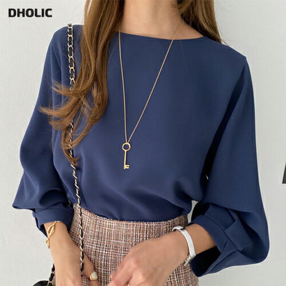 即日配送 タックスリーブブラウス・全4色・t70279 レディース 【bl】 トップス ブラウス 長袖 フレア オフィスカジュアル ラウンドネック ベーシック 大人 ユニーク フェミニン 上品 カジュアル 春 秋 韓国ファッション ハイホリHIHOLLI【CH】