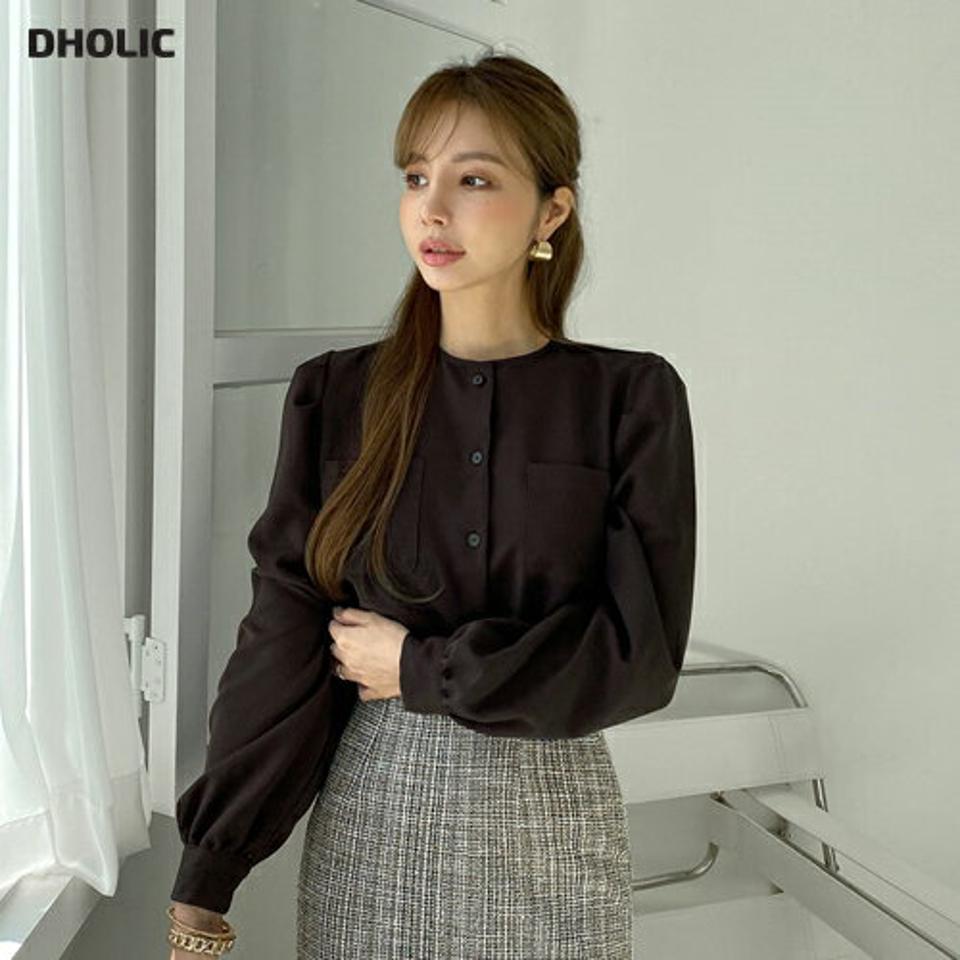 ラウンドポケットブラウス・全3色・t70280 レディース 【bl】 トップス ブラウス 長袖 ポケット ロングスリーブ ラウンドネック ベーシック 大人 ユニーク フェミニン 上品 春 秋 韓国 ファッション ハイホリHIHOLLI