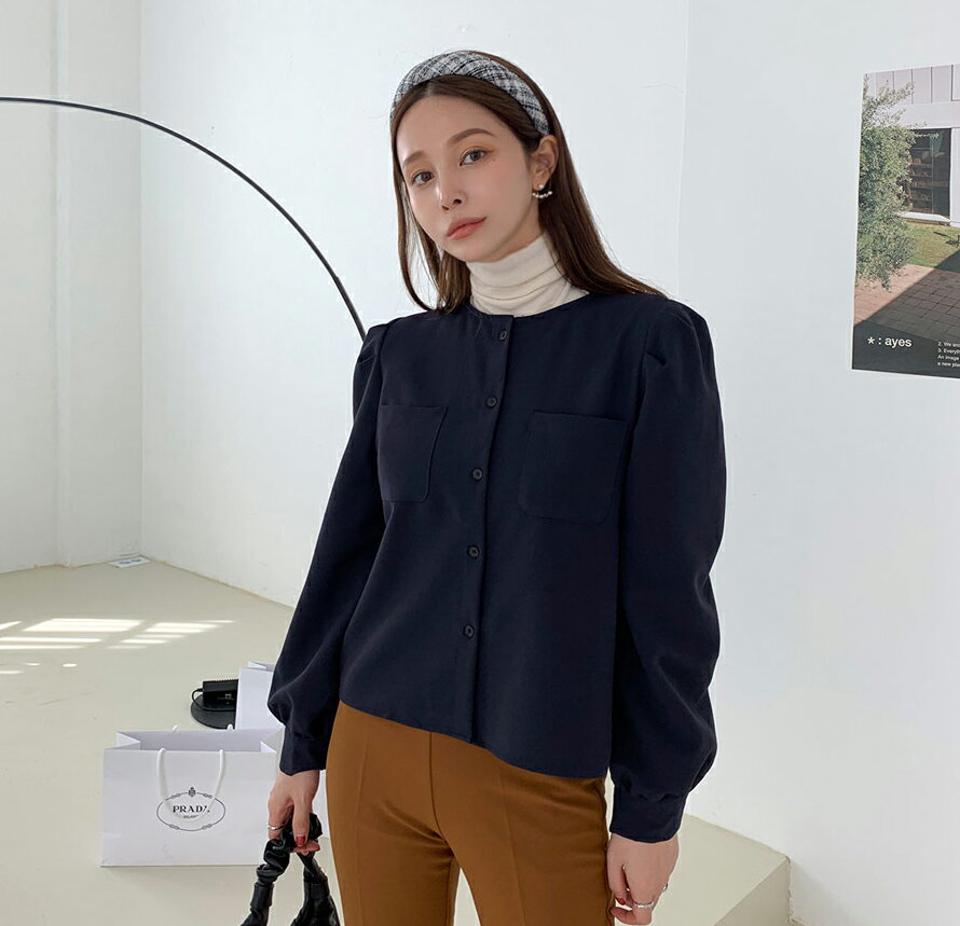 ラウンドポケットブラウス・全3色・t70280 レディース 【bl】 トップス ブラウス 長袖 ポケット ロングスリーブ ラウンドネック ベーシック 大人 ユニーク フェミニン 上品 春 秋 韓国 ファッション ハイホリHIHOLLI