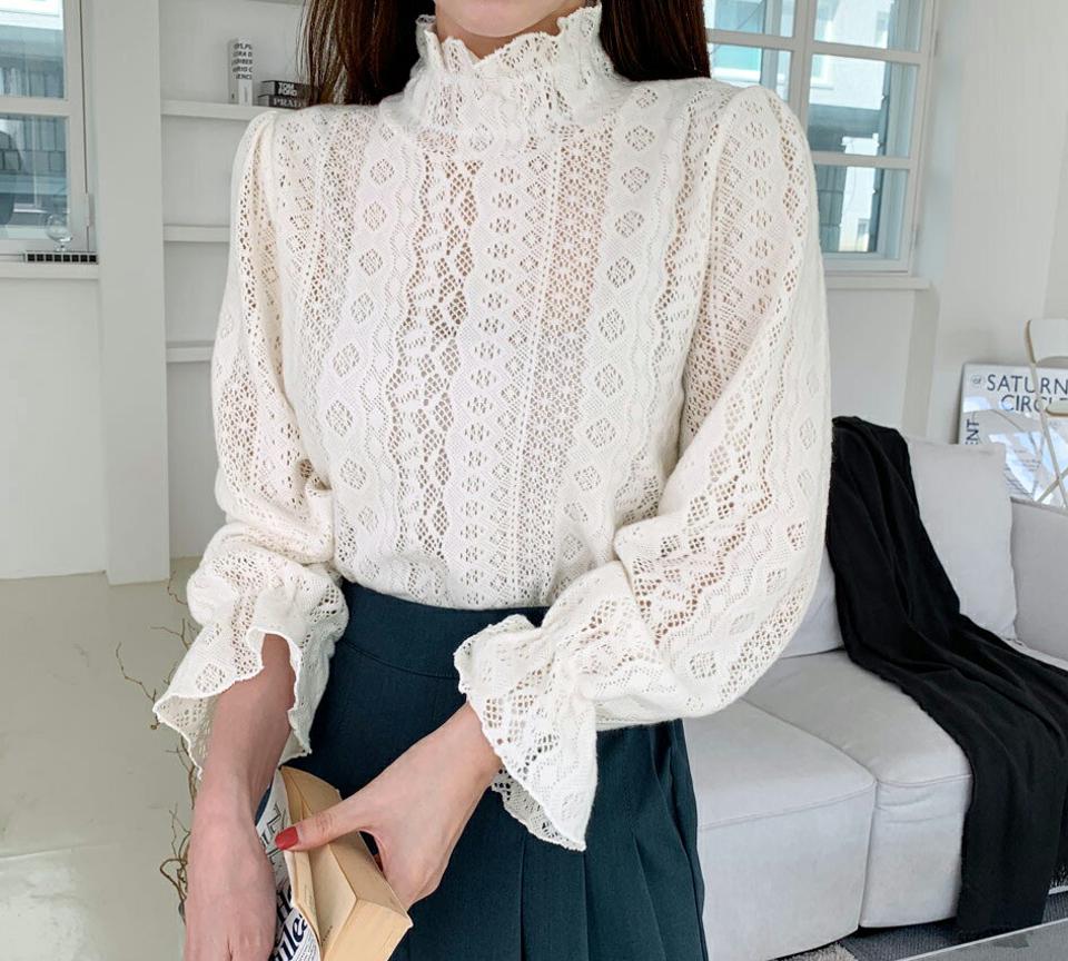 即日配送 レースシースルーブラウス・全2色・t70278 レディース 【bl】 トップス ブラウス 長袖 透け感 シャーリング レース ハイネック 大人 襟コン ユニーク フェミニン 上品 春 秋 韓国ファッション ハイホリHIHOLLI