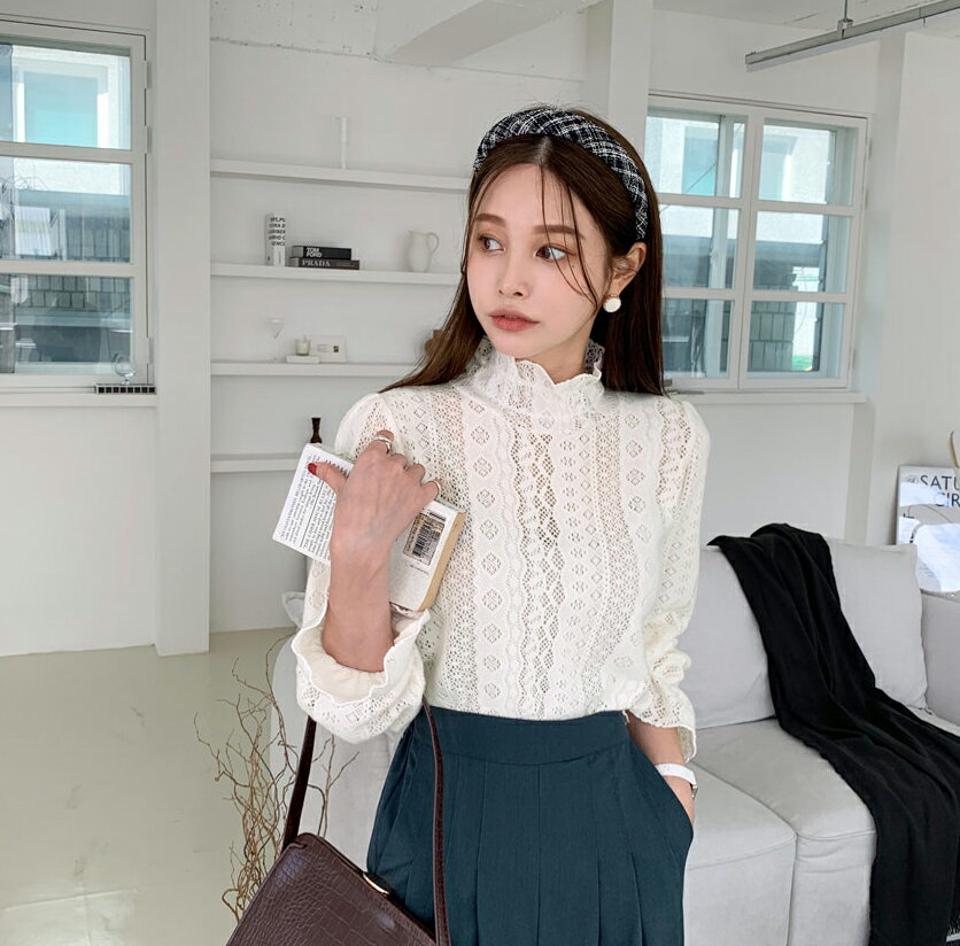 即日配送 レースシースルーブラウス・全2色・t70278 レディース 【bl】 トップス ブラウス 長袖 透け感 シャーリング レース ハイネック 大人 襟コン ユニーク フェミニン 上品 春 秋 韓国ファッション ハイホリHIHOLLI