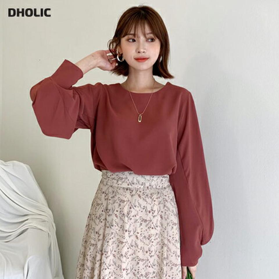 ≪人気商品再入荷≫ラウンドパフブラウス・全1色・e65475 レディース 【bl】韓国ファッション トップス ブラウス 長袖 ラウンドネック パフスリーブ シフォン 無地 ベーシック 上品 シンプル フェミニン 学校行事 オフィスカジュアル ガーリー 秋 春