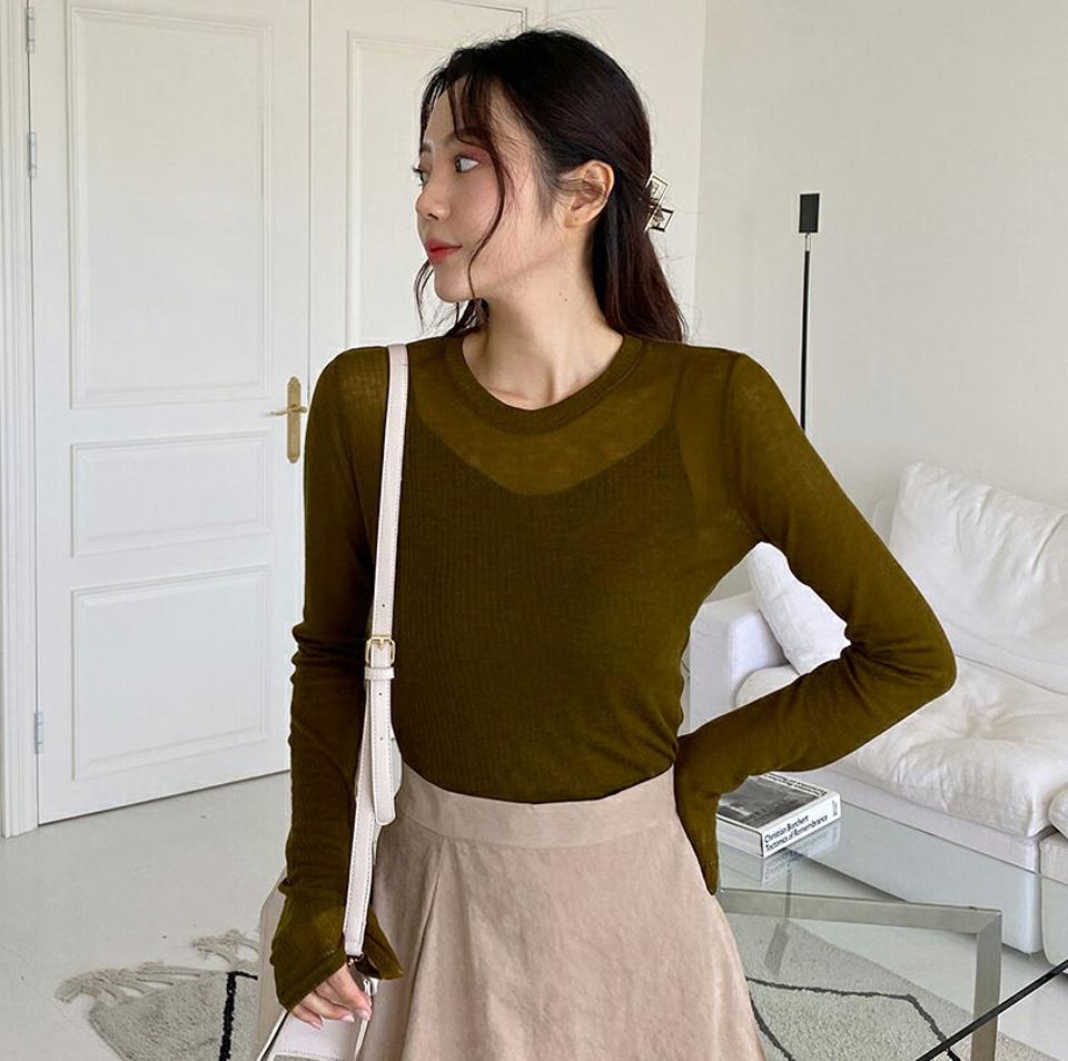 リブスリム長袖Tシャツ・全5色・t65512 レディース 【tops】韓国ファッション トップス Tシャツ 大人 長袖 ラウンドネック リブ スリム ベーシック シンプル カジュアル フェミニン 上品 デイリー 無地 秋 春
