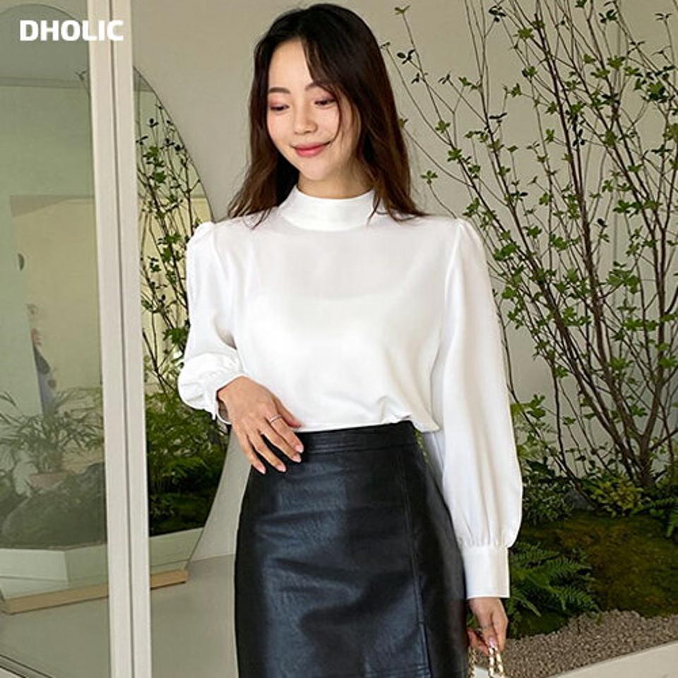 ハーフネックギャザースリーブブラウス・全2色・b65516 レディース 【bl】韓国ファッション トップス ブラウス 長袖 ハーフネック 大人 ギャザー スリーブ 上品 シフォン カフス シンプル ボタン フェミニン カジュアル 体型カバー ガーリー 秋 春