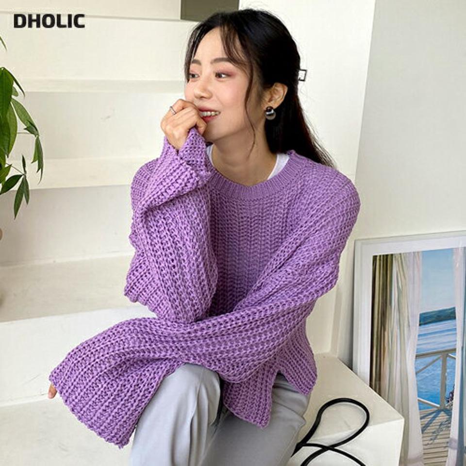 ラウンドクロップドニット・全5色・t65521 レディース 【tops】韓国ファッション トップス ニット 長袖 ラウンドネック クロップド丈 スリット ルーズ ボリュームショート丈 フェミニン カラーニット 紫 ざっくり 肉厚 プルオーバー ハロウィン 秋 春
