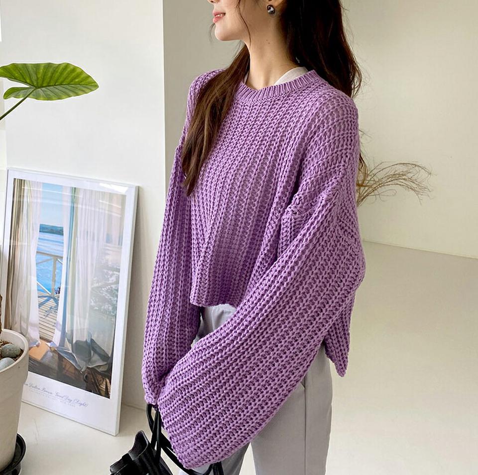 ラウンドクロップドニット・全5色・t65521 レディース 【tops】韓国ファッション トップス ニット 長袖 ラウンドネック クロップド丈 スリット ルーズ ボリュームショート丈 フェミニン カラーニット 紫 ざっくり 肉厚 プルオーバー ハロウィン 秋 春