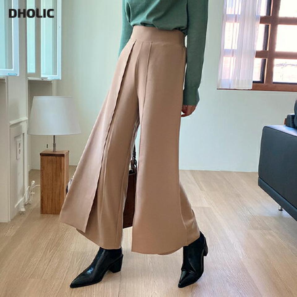 レイヤードワイドパンツ・全2色・b70205 レディース 【pt】 ボトムス ロング ロングパンツ ピンタック ラップ風 ベーシック 体型カバー 足長 着痩せ スリム カジュアル ワイド 春 秋 韓国ファッション ハイホリHIHOLLI