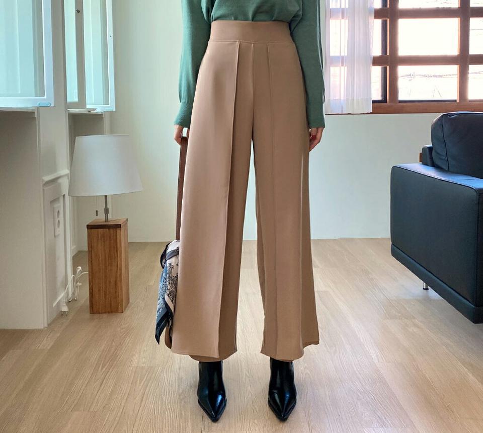 レイヤードワイドパンツ・全2色・b70205 レディース 【pt】 ボトムス ロング ロングパンツ ピンタック ラップ風 ベーシック 体型カバー 足長 着痩せ スリム カジュアル ワイド 春 秋 韓国ファッション ハイホリHIHOLLI