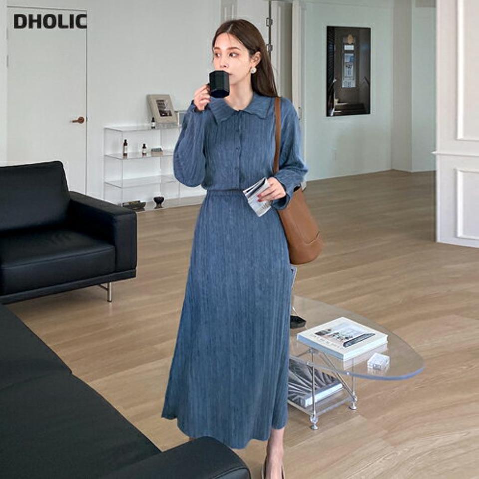 【只今10%OFF】プリーツカラーブラウス&スカートSET・全3色・t70338 レディース 【ops】 ワンピース ロング ロングワンピース ブラウス スカート セットアップ 長袖 セット 体型カバー フェミニン プリーツ Aライン 春 秋 韓国 ファッション ハイホリHIHOLLI