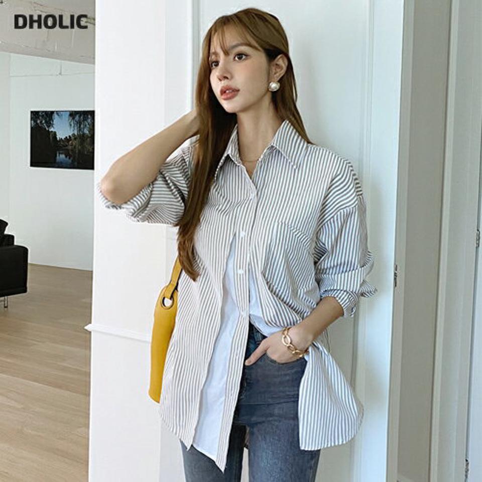 レイヤード風ストライプシャツ・全2色・t70193 レディース 【bl】 トップス シャツ 長袖 ストライプ パターン カジュアル ロング ロングシャツ レイヤード風 大人 ユニーク フェミニン 上品 春 秋 韓国 ファッション ハイホリHIHOLLI