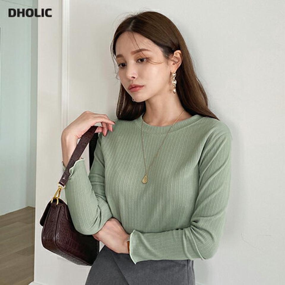 メロウリブTシャツ・全6色・t70192 レディース 【tops】 トップス Tシャツ 長袖 ラウンドネック フィット タイト スリム ベーシック デイリー 細身 フェミニン 春 秋 韓国ファッション ハイホリHIHOLLI