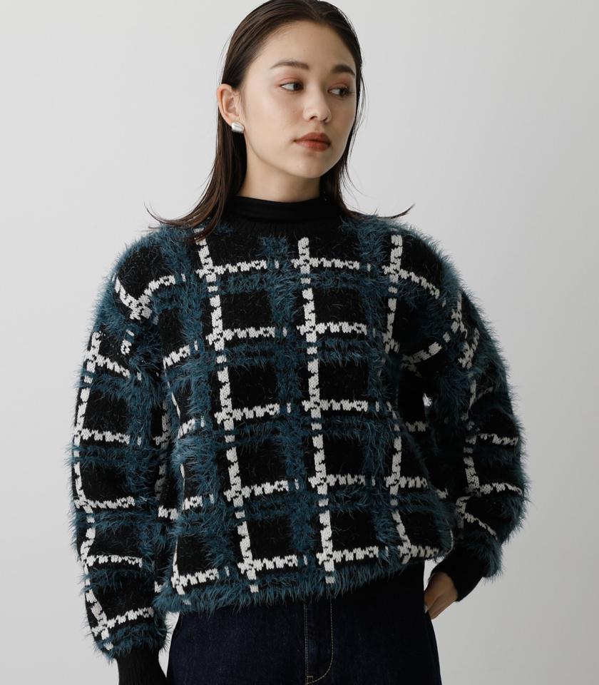 SHAGGY CHECK KNIT TOPS/シャギーチェックニットトップス