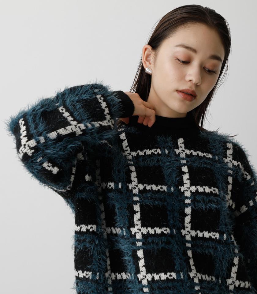 SHAGGY CHECK KNIT TOPS/シャギーチェックニットトップス