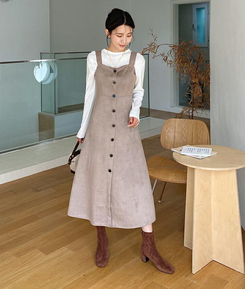 ボタンビスチェワンピース・全2色・t62851 レディース 【ops】韓国ファッション ワンピース ロング ロングワンピース 長袖 大人 ボタン ビスチェワンピース スエード調 ロング丈 シンプル ルーズ スリム フェミニン 体型カバー 秋 春