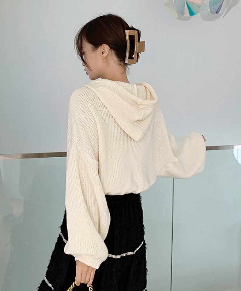 クロップドドロストフードニット・全4色・t62848 レディース 【tops】韓国ファッション トップス 大人 長袖 フード クロップド丈 ドロップショルダー シンプル ルーズ ガーリー ニットパーカー フェミニン 上品 秋 冬