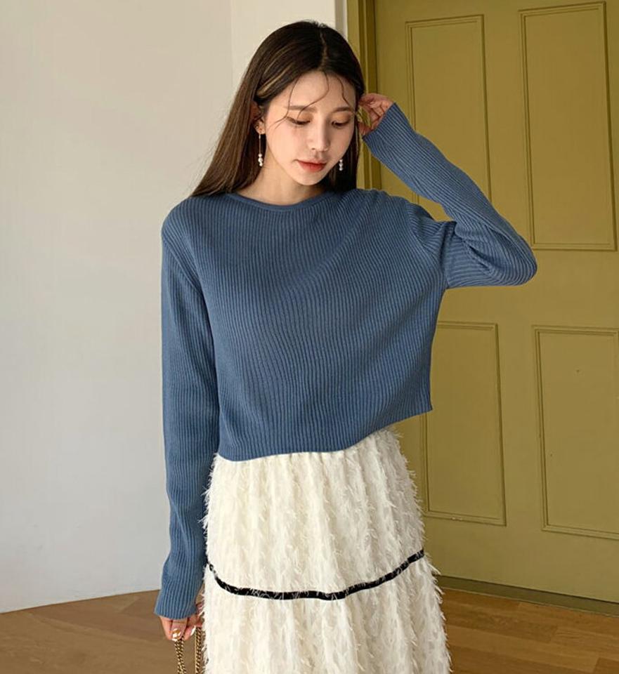 リブクロップドニット・全5色・t62844 レディース 【tops】韓国ファッション トップス ニット 年上 大人 長袖 ラウンドネック クロップド丈 カラーニット シンプル スリム ガーリー 細身 フェミニン 上品 無地 ベーシック 秋