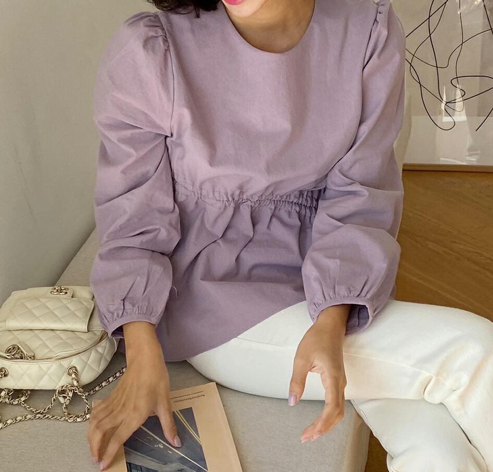 即日配送【只今30%OFF】ダイアゴナルラインギャザーブラウス・全4色・t62842 レディース 【bl】韓国ファッション トップス ブラウス 長袖 ラウンドネック 大人 ダイアゴナル ギャザー 上品 ボタン シンプル フェミニン カジュアル 体型カバー ガーリー 秋 春