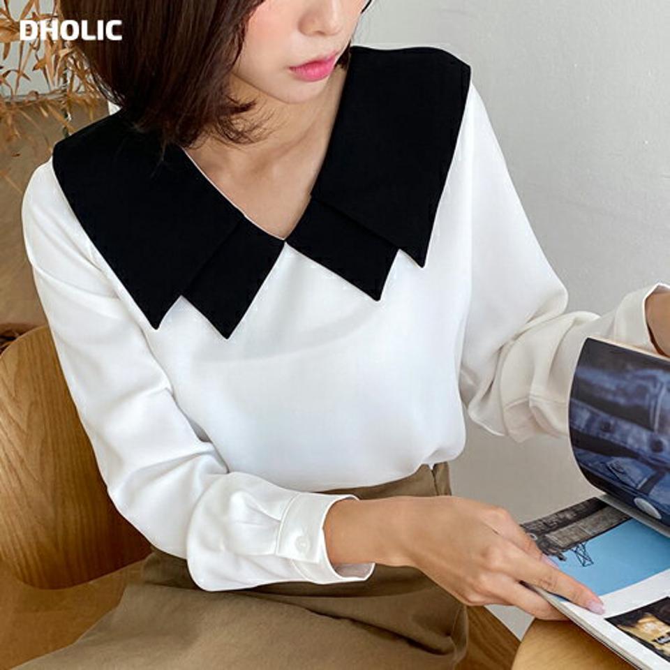 配色カラーブラウス・全2色・b62841 レディース 【bl】韓国ファッション トップス ブラウス 長袖 カラーネック 大人 配色 カラー ジグザグ 上品 ボタン シンプル フェミニン カジュアル 体型カバー ガーリー 秋 春