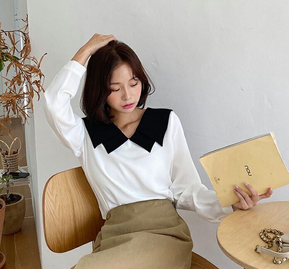 配色カラーブラウス・全2色・b62841 レディース 【bl】韓国ファッション トップス ブラウス 長袖 カラーネック 大人 配色 カラー ジグザグ 上品 ボタン シンプル フェミニン カジュアル 体型カバー ガーリー 秋 春