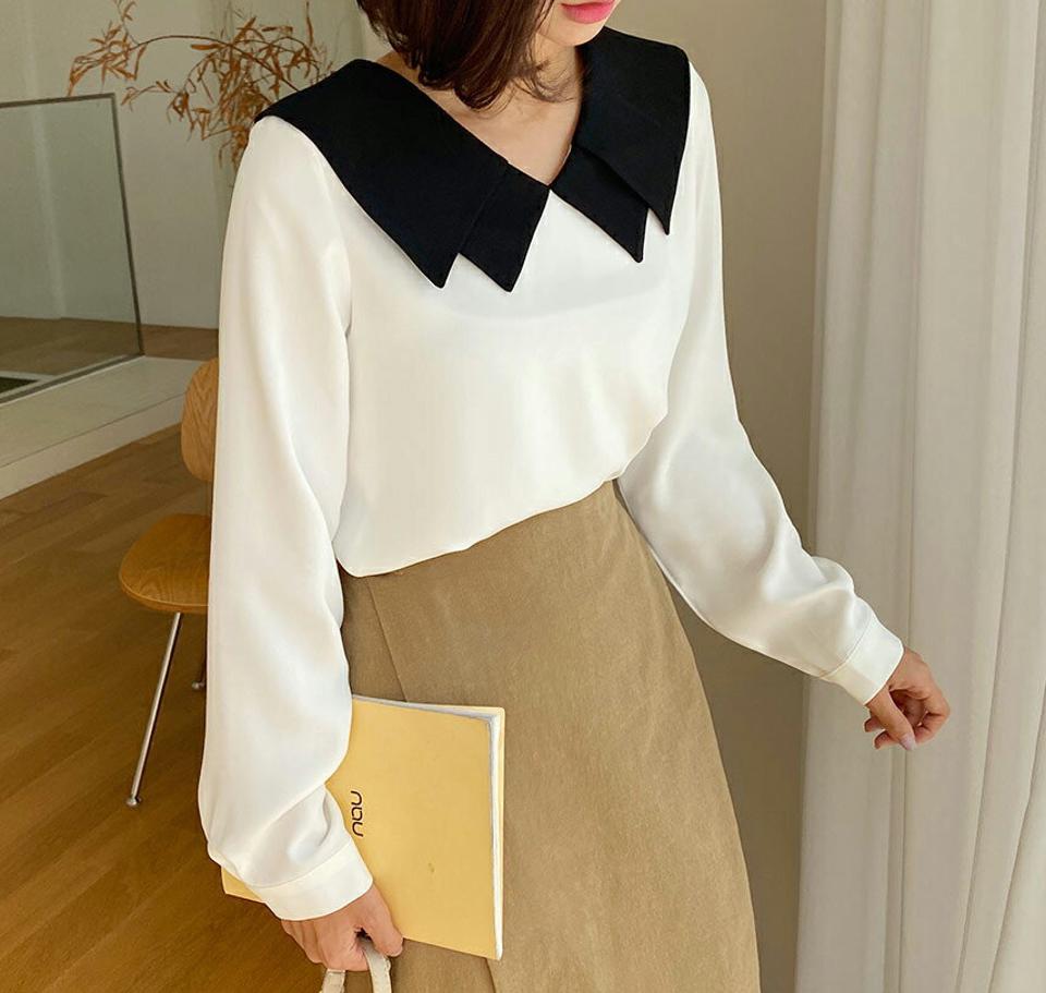 配色カラーブラウス・全2色・b62841 レディース 【bl】韓国ファッション トップス ブラウス 長袖 カラーネック 大人 配色 カラー ジグザグ 上品 ボタン シンプル フェミニン カジュアル 体型カバー ガーリー 秋 春