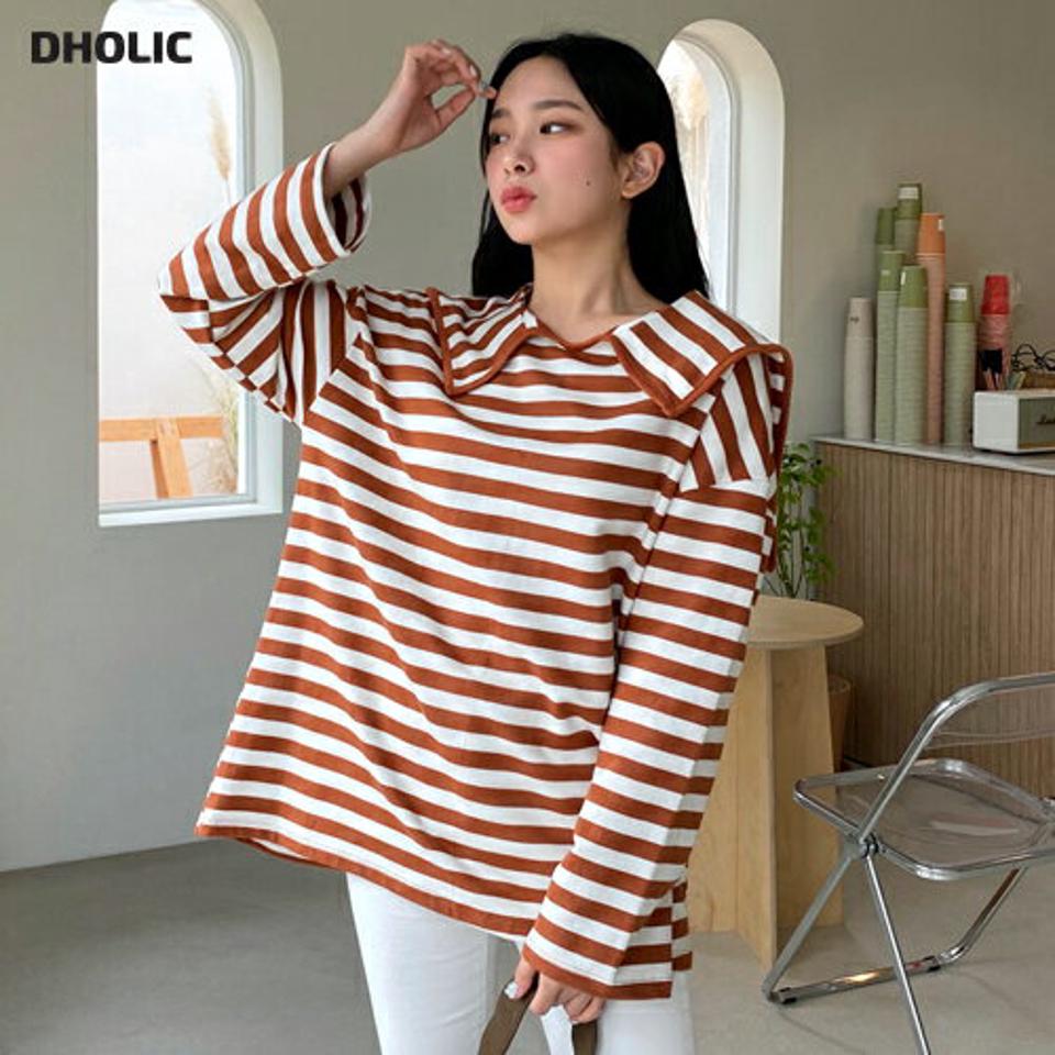 セーラーカラーボーダーTシャツ・全2色・t65194 レディース 【tops】韓国ファッション トップス Tシャツ 長袖 セーラーカラー ボーダー フェミニン 体型カバー シンプル ガーリー カジュアル 楽ちん 秋 冬 NIJU