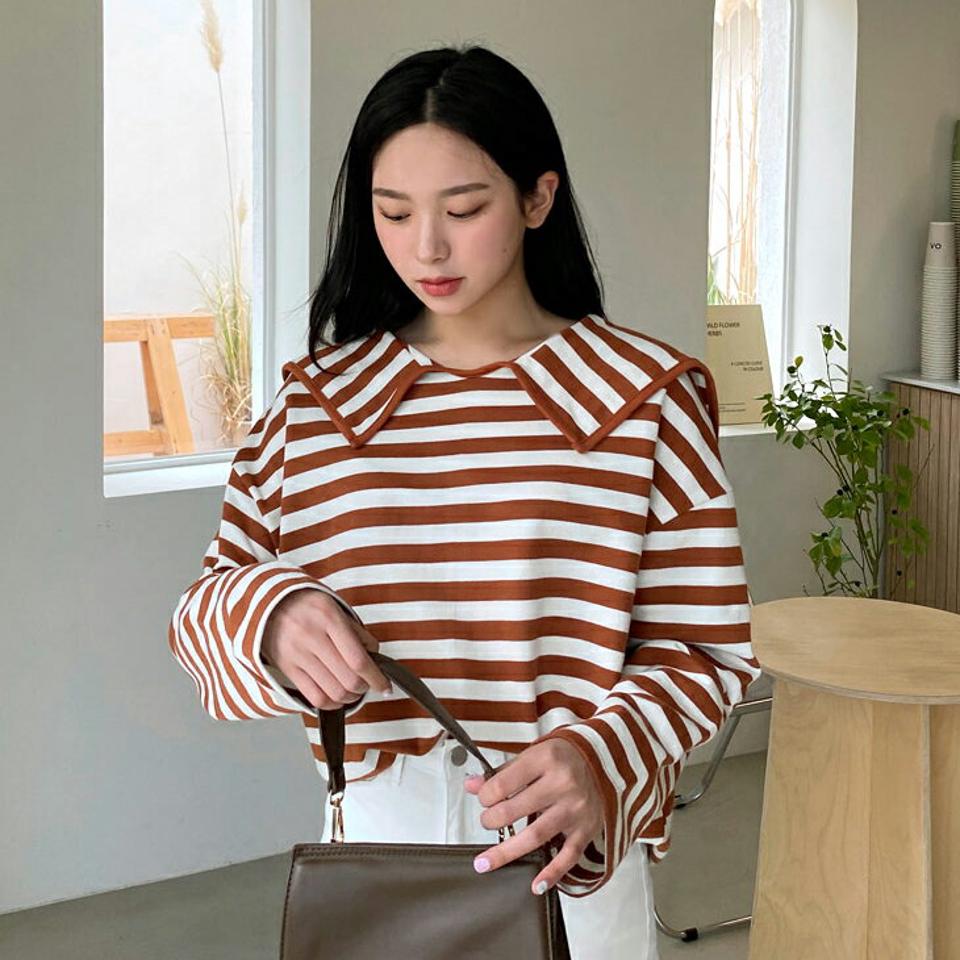 セーラーカラーボーダーTシャツ・全2色・t65194 レディース 【tops】韓国ファッション トップス Tシャツ 長袖 セーラーカラー ボーダー フェミニン 体型カバー シンプル ガーリー カジュアル 楽ちん 秋 冬 NIJU